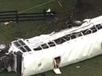 The two vehicles collided, and the bus veered off the road, through a fence, and flipped, according to FHP. The two vehicles collided, and the bus veered off the road, through a fence, and flipped, according to FHP.