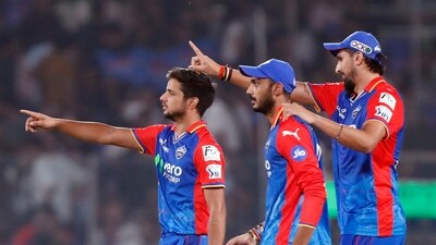Delhi Capitals' bowlers Ishant Sharma, Axar Patel and Rasikh Salam appeal for a dismissal (IPL-X) Delhi Capitals' bowlers Ishant Sharma, Axar Patel and Rasikh Salam appeal for a dismissal (IPL-X)