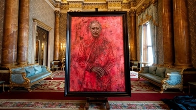 A portrait of Britain's King Charles by artist Jonathan Yeo is pictured at Buckingham Palace, London, (via REUTERS)