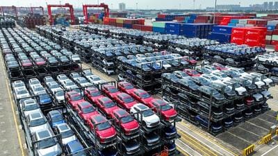 BYD electric cars awaiting to be loaded onto a ship at the international container terminal of Taicang Port at Suzhou Port, in China’s eastern Jiangsu Province. (AFP) BYD electric cars awaiting to be loaded onto a ship at the international container terminal of Taicang Port at Suzhou Port, in China’s eastern Jiangsu Province. (AFP)