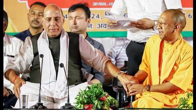 Chief minister Yogi Adityanath during a public meeting in support of defence minister and BJP candidate from Lucknow seat, Rajnath Singh, for the Lok Sabha elections, in Lucknow on Tuesday. (ANI Photo) Chief minister Yogi Adityanath during a public meeting in support of defence minister and BJP candidate from Lucknow seat, Rajnath Singh, for the Lok Sabha elections, in Lucknow on Tuesday. (ANI Photo)
