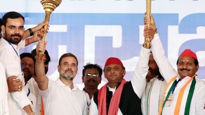 Congress leader Rahul Gandhi and SP national president Akhilesh Yadav at a joint rally in Jhansi on Tuesday. (Agency) Congress leader Rahul Gandhi and SP national president Akhilesh Yadav at a joint rally in Jhansi on Tuesday. (Agency)