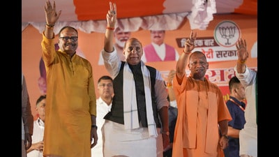 Defence minister Rajnath Singh with chief minister Yogi Adityanath and deputy CM Brajesh Pathak during a public meeting for Lok Sabha elections, in Lucknow, Tuesday (PTI) Defence minister Rajnath Singh with chief minister Yogi Adityanath and deputy CM Brajesh Pathak during a public meeting for Lok Sabha elections, in Lucknow, Tuesday (PTI)