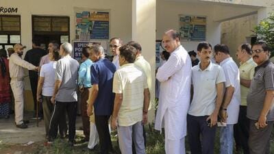 Kashmiri Pandits stand in a queue to cast their vote during the fourth phase of Lok Sabha elections at Roopnagar in Jammu. (PTI) Kashmiri Pandits stand in a queue to cast their vote during the fourth phase of Lok Sabha elections at Roopnagar in Jammu. (PTI)