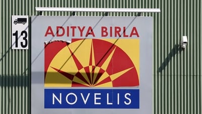 A logo is pictured on the facility of flat-rolled aluminum producer Novelis, part of Aditya Birla Group, in Sierre, Switzerland. (Reuters)