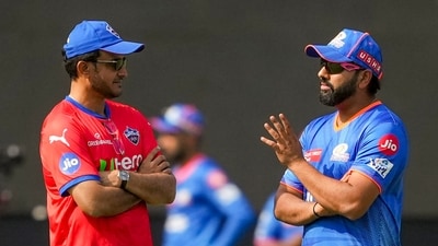 Delhi Capitals' Director of Cricket Sourav Ganguly with Mumbai Indians' Rohit Sharma during a practice session (PTI) Delhi Capitals' Director of Cricket Sourav Ganguly with Mumbai Indians' Rohit Sharma during a practice session (PTI)