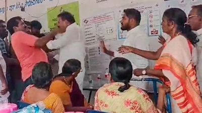 YSRCP leader VS Shivakumar and a voter slap each other at a polling booth, in Guntur (PTI)