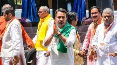 NDA leaders Pashupati Kumar Paras, OP Rajbhar, Jayant Chaudhary, G. K. Vasan and Anbumani Ramadoss arrive to attend Prime Minister Narendra Modi's nomination filing for Lok Sabha polls, in Varanasi, Uttar Pradesh, Tuesday. (PTI Photo/Ravi Choudhary) NDA leaders Pashupati Kumar Paras, OP Rajbhar, Jayant Chaudhary, G. K. Vasan and Anbumani Ramadoss arrive to attend Prime Minister Narendra Modi's nomination filing for Lok Sabha polls, in Varanasi, Uttar Pradesh, Tuesday. (PTI Photo/Ravi Choudhary)