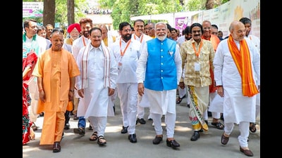 Prime Minister and senior BJP leader Narendra Modi with Union Home Minister Amit Shah, UP CM Yogi Adityanath and BJP National President J.P. Nadda leaves after filing his nomination for Lok Sabha elections, in Varanasi, Tuesday. (PTI) Prime Minister and senior BJP leader Narendra Modi with Union Home Minister Amit Shah, UP CM Yogi Adityanath and BJP National President J.P. Nadda leaves after filing his nomination for Lok Sabha elections, in Varanasi, Tuesday. (PTI)