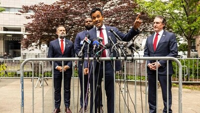Former US Republican presidential candidate Vivek Ramaswamy speaks outside the Manhattan Criminal Court as former President Donald Trump attends his trial for allegedly covering up hush money payments linked to extramarital affairs in New York City on May 14, 2024. (AFP) Former US Republican presidential candidate Vivek Ramaswamy speaks outside the Manhattan Criminal Court as former President Donald Trump attends his trial for allegedly covering up hush money payments linked to extramarital affairs in New York City on May 14, 2024. (AFP)