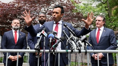 Businessman and former U.S. presidential candidate Vivek Ramaswamy speaks during a press conference after attending the trial of former U.S. President Donald Trump for allegedly covering up hush money payments linked to extramarital affair with Stormy Daniels, at Manhattan Criminal Court in New York City, U.S., May 14, 2024. (REUTERS)