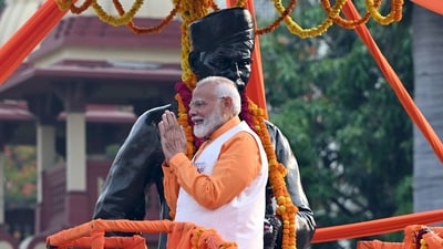 Prime Minister offered tribute to Madan Mohan Malviya during a campaign rally in Varanasi on Monday. (Prakash Singh/Bloomberg) Prime Minister offered tribute to Madan Mohan Malviya during a campaign rally in Varanasi on Monday. (Prakash Singh/Bloomberg)