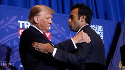 Addressing the media ahead of the second day testimony of prosecution's star witness Michael Cohen, Trump said: “Vivek Ramaswamy is here, the Speaker of the House is here. We have Byron Donalds. We have a lot of great people here.” (AP ) Addressing the media ahead of the second day testimony of prosecution's star witness Michael Cohen, Trump said: “Vivek Ramaswamy is here, the Speaker of the House is here. We have Byron Donalds. We have a lot of great people here.” (AP )