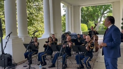 White House’s Marine Band playing “Sare Jahan Se Achha Hindustan Hamara” to mark AANHPI Heritage Month. (X/@ajainb) White House’s Marine Band playing “Sare Jahan Se Achha Hindustan Hamara” to mark AANHPI Heritage Month. (X/@ajainb)
