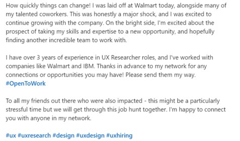 Walmart layoffs: A Chinese woman's post on LinkedIn on getting fired. (Screengrab) Walmart layoffs: A Chinese woman's post on LinkedIn on getting fired. (Screengrab)