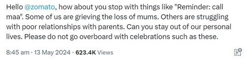 The image shows a post by a woman on Zomato's Mother's Day prompts. (X/@Sowmya @rosesfortweets) The image shows a post by a woman on Zomato's Mother's Day prompts. (X/@Sowmya @rosesfortweets)
