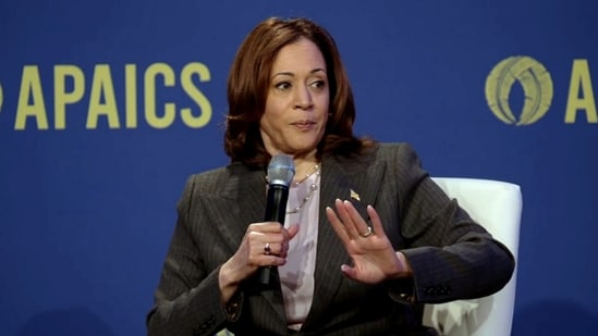 Vice President Kamala Harris speaks at the Asian Pacific American Institute for Congressional Studies annual leadership summit.(PTI)