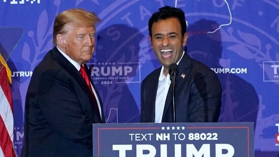 Vivek Ramaswamy dropped out from the 2024 presidential race and endorsed Donald Trump on January 15, 2024 night. (Photo by TIMOTHY A. CLARY / AFP) (AFP)