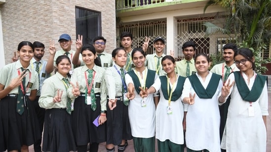 Students of St. Dominic Savio's High school&nbsp;in&nbsp;Patna celebrating after declaration of CBSE Board class 10th and 12th results&nbsp;(Santosh Kumar )
