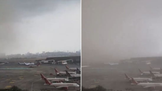 The image shows Mumbai Airport engulfed in a dust storm. (X/@pranavkelkar)