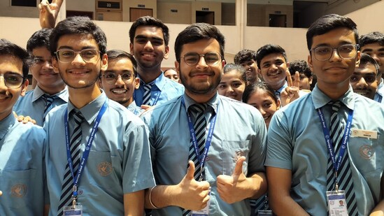 Students of Apeejay School Nerul, celebrate CBSE 12th exam result at Nerul in Navi Mumbai, India, on Monday, May 13th, 2024 (Photo by Bachchan Kumar/ HT PHOTO)