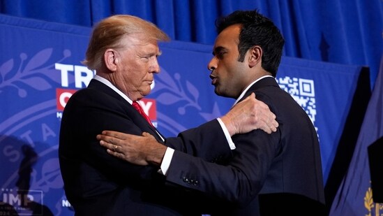 Addressing the media ahead of the second day testimony of prosecution's star witness Michael Cohen, Trump said: “Vivek Ramaswamy is here, the Speaker of the House is here. We have Byron Donalds. We have a lot of great people here.” (AP )