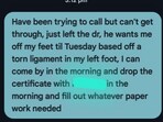 The image shows a message by a man whose boss slammed him for missing work. The image shows a message by a man whose boss slammed him for missing work.