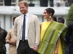 Britain's Prince Harry (2ndR), Duke of Sussex, and Britain's Meghan (R), Duchess of Sussex, react as Lagos State Governor, Babajide Sanwo-Olu (unseen), gives a speech at the State Governor House in Lagos on May 12, 2024 as they visit Nigeria as part of celebrations of Invictus Games anniversary. (Photo by Kola SULAIMON / AFP) Britain's Prince Harry (2ndR), Duke of Sussex, and Britain's Meghan (R), Duchess of Sussex, react as Lagos State Governor, Babajide Sanwo-Olu (unseen), gives a speech at the State Governor House in Lagos on May 12, 2024 as they visit Nigeria as part of celebrations of Invictus Games anniversary. (Photo by Kola SULAIMON / AFP)