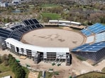 In an aerial view, construction continues on the Nassau County International Cricket Stadium at Eisenhower Park on April 22, 2024 in East Meadow, New York. The site will be the host to the ICC World Cup 2024 in June of this year. In an aerial view, construction continues on the Nassau County International Cricket Stadium at Eisenhower Park on April 22, 2024 in East Meadow, New York. The site will be the host to the ICC World Cup 2024 in June of this year.