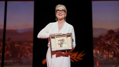 Meryl Streep holds the honorary Palme d'Or during the opening ceremony of the 77th international film festival, Cannes. “I'm just so grateful that you haven't gotten sick of my face and you haven’t gotten off of the train,” she said at the opening. (AP) Meryl Streep holds the honorary Palme d'Or during the opening ceremony of the 77th international film festival, Cannes. “I'm just so grateful that you haven't gotten sick of my face and you haven’t gotten off of the train,” she said at the opening. (AP)