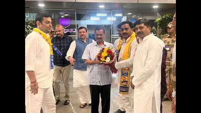Aam Aadmi Party workers welcoming Delhi Chief Minister and party convenerArvind Kejriwal at Amausi airport in Lucknow on Wednesday. (Sourced)