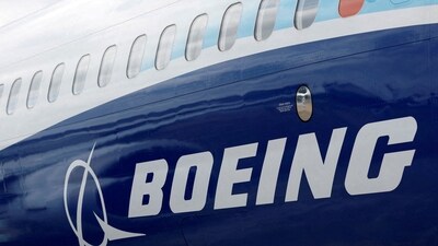 The Boeing logo is seen on the side of a Boeing 737 MAX at the Farnborough International Airshow. (Reuters)