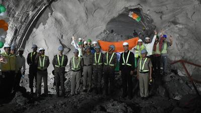 BRO staff members celebrating the break-through at the Sungal tunnel, Jammu and Kashmir. (HT Photo) BRO staff members celebrating the break-through at the Sungal tunnel, Jammu and Kashmir. (HT Photo)