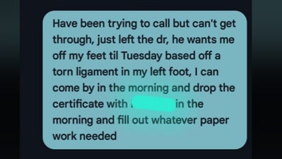 The image shows a message by a man whose boss slammed him for missing work. (Reddit/@thrown-all-the-way)