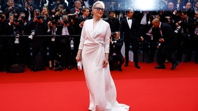 Cannes 2024: Meryl Streep, who received the honorary Palme d'Or at the 77th Cannes Film Festival, walked the red carpet during the opening ceremony and the screening of Quentin Dupieux's film Le deuxieme acte (The Second Act). She wore a captivating Dior white gown to the gala. However, it were her pendant earrings that stole the show. They are by Indian designer Hanut Singh.&nbsp; (REUTERS)