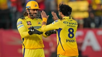 Chennai Super Kings' Ravindra Jadeja, right, celebrates with teammate MS Dhoni during IPL 2024 (AP) Chennai Super Kings' Ravindra Jadeja, right, celebrates with teammate MS Dhoni during IPL 2024 (AP)