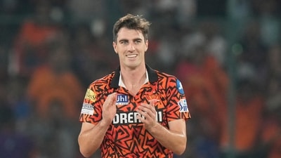 Sunrisers Hyderabad's captain Pat Cummins celebrates the wicket of Lucknow Super Giants' captain KL Rahul during the Indian Premier League (AP)