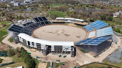 In an aerial view, construction continues on the Nassau County International Cricket Stadium at Eisenhower Park on April 22, 2024 in East Meadow, New York. The site will be the host to the ICC World Cup 2024 in June of this year. (Getty Images via AFP) In an aerial view, construction continues on the Nassau County International Cricket Stadium at Eisenhower Park on April 22, 2024 in East Meadow, New York. The site will be the host to the ICC World Cup 2024 in June of this year. (Getty Images via AFP)
