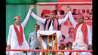 Samajwadi Party (SP ) chief Akhilesh Yadav with party candidate from Shravasti Lok Sabha constituency, Ram Shiromani Verma, and party candidate of Gasdi Assembly by-election, Rakesh Yadav during an election campaign rally, in Shravasti on Wednesday. (Samajwadi Party-X) Samajwadi Party (SP ) chief Akhilesh Yadav with party candidate from Shravasti Lok Sabha constituency, Ram Shiromani Verma, and party candidate of Gasdi Assembly by-election, Rakesh Yadav during an election campaign rally, in Shravasti on Wednesday. (Samajwadi Party-X)