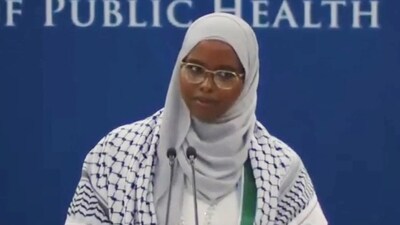 Columbia University grad  was slamming college's silence over the ongoing Israel strikes on Gaza as her mic suddenly cut out.