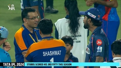 LSG owner Sanjiv Goenka with captain KL Rahul after losing to DC (@mufaddal_vohra/ X) LSG owner Sanjiv Goenka with captain KL Rahul after losing to DC (@mufaddal_vohra/ X)