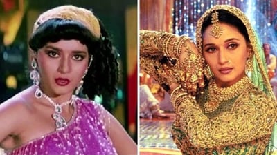 Madhuri Dixit in a still from Tezaab (left) and Devdas. Madhuri Dixit in a still from Tezaab (left) and Devdas.