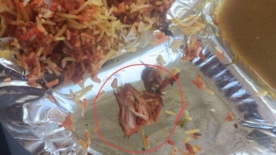 Chicken piece in paneer biryani that the man ordered from Zomato. (X/@Pankajshuklaji2) Chicken piece in paneer biryani that the man ordered from Zomato. (X/@Pankajshuklaji2)