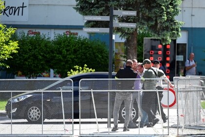 A person is detained after a shooting incident of Slovak Prime Minister Robert Fico, after a Slovak government meeting in Handlova, Slovakia, May 15. (Reuters)