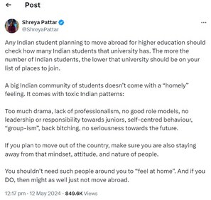 The image shows an X post by an Indian-origin CEO advising students to choose universities with fewer Indian students, (X/@ShreyaPattar) The image shows an X post by an Indian-origin CEO advising students to choose universities with fewer Indian students, (X/@ShreyaPattar)