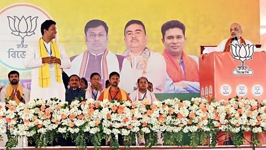 Union Home Minister Amit Shah during an election campaign in support of BJP candidate for Serampore constituency Advocate Kabir Shankar Bose, at Chanditala in Hooghly, West Bengal.(ANI)
