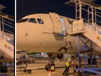 The ground staff fell off the plane at an airport in Indonesia. The ground staff fell off the plane at an airport in Indonesia.