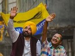 Delhi chief minister and AAP convenor Arvind Kejriwal with Punjab chief minister Bhagwant Mann during a roadshow for Lok Sabha elections at Moti Nagar in New Delhi on May 12,