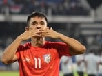 Sunil Chhetri acknowledges fans after winning the SAFF 2023 final. Sunil Chhetri acknowledges fans after winning the SAFF 2023 final.