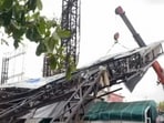 A hoarding collapsed onto a stationary mini-truck in Maharashtra's Pune on Thursday following strong winds, but no injuries were reported,